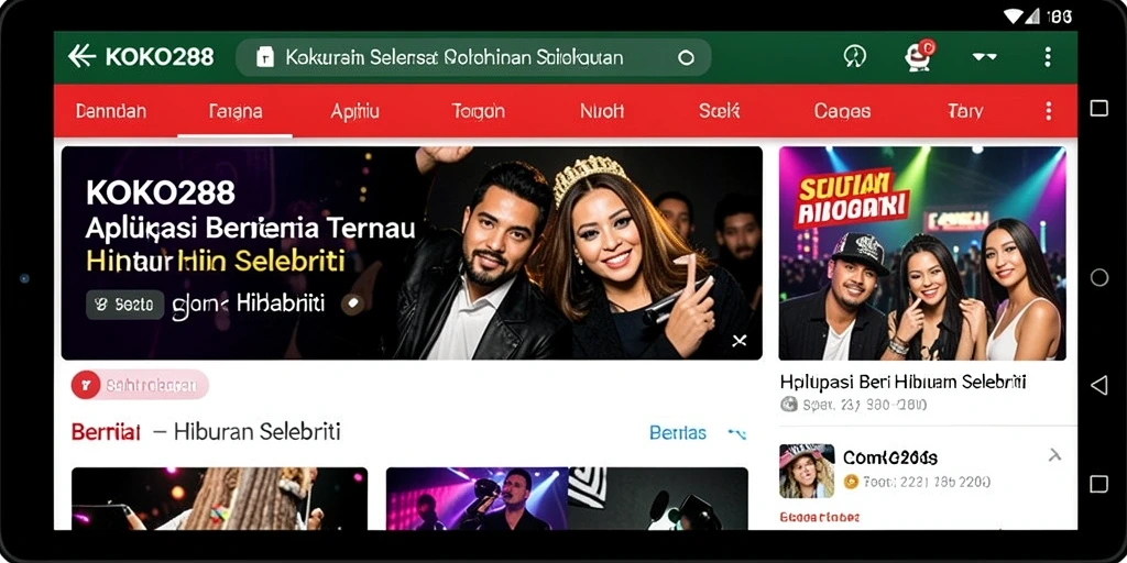 Antarmuka aplikasi KOKO288 yang menampilkan berita hiburan selebriti.