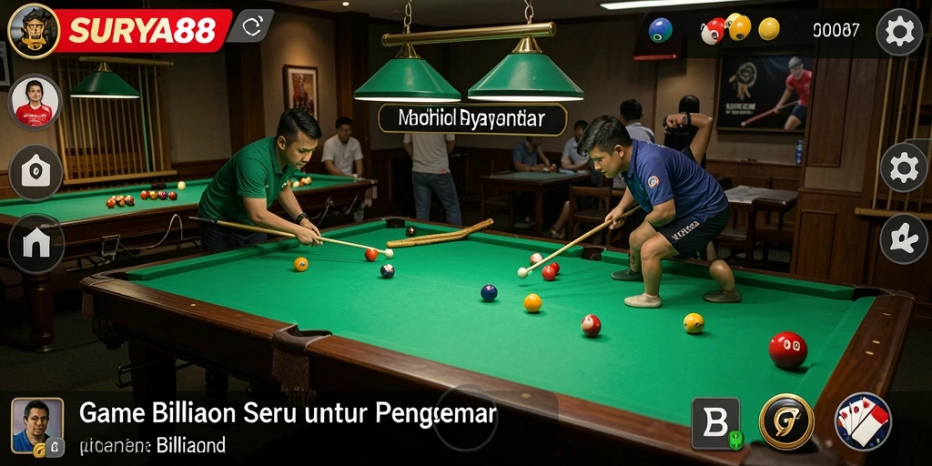 Tampilan antarmuka permainan billiard yang menarik dan interaktif.