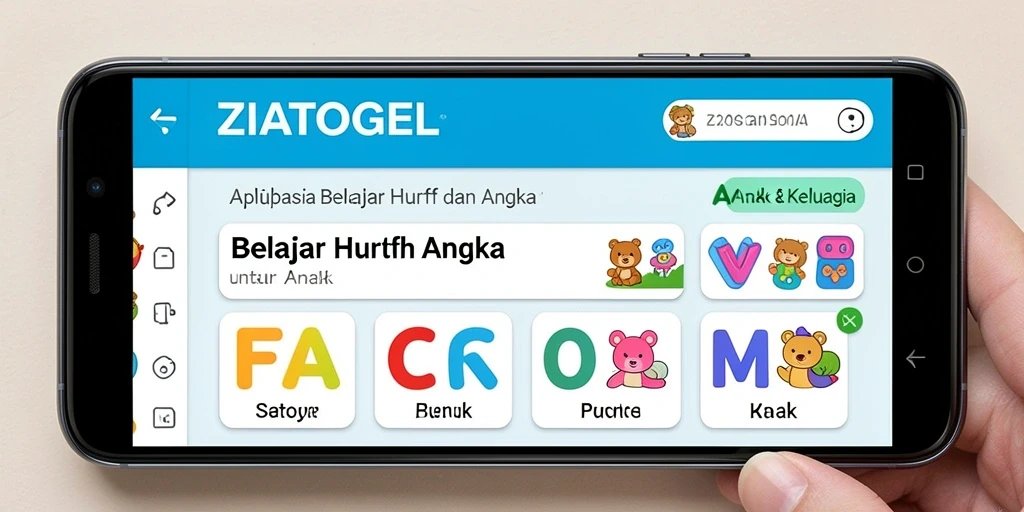 Tampilan antarmuka aplikasi belajar huruf dan angka ZIATOGEL yang menarik.